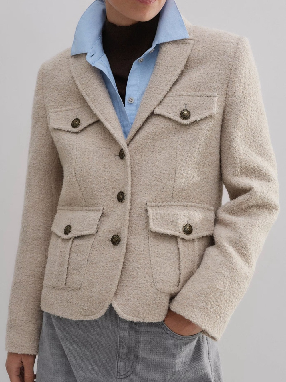 ME+EM Bouclé Pocket Detail Jacket Size: US6 Color: Cream/Latte